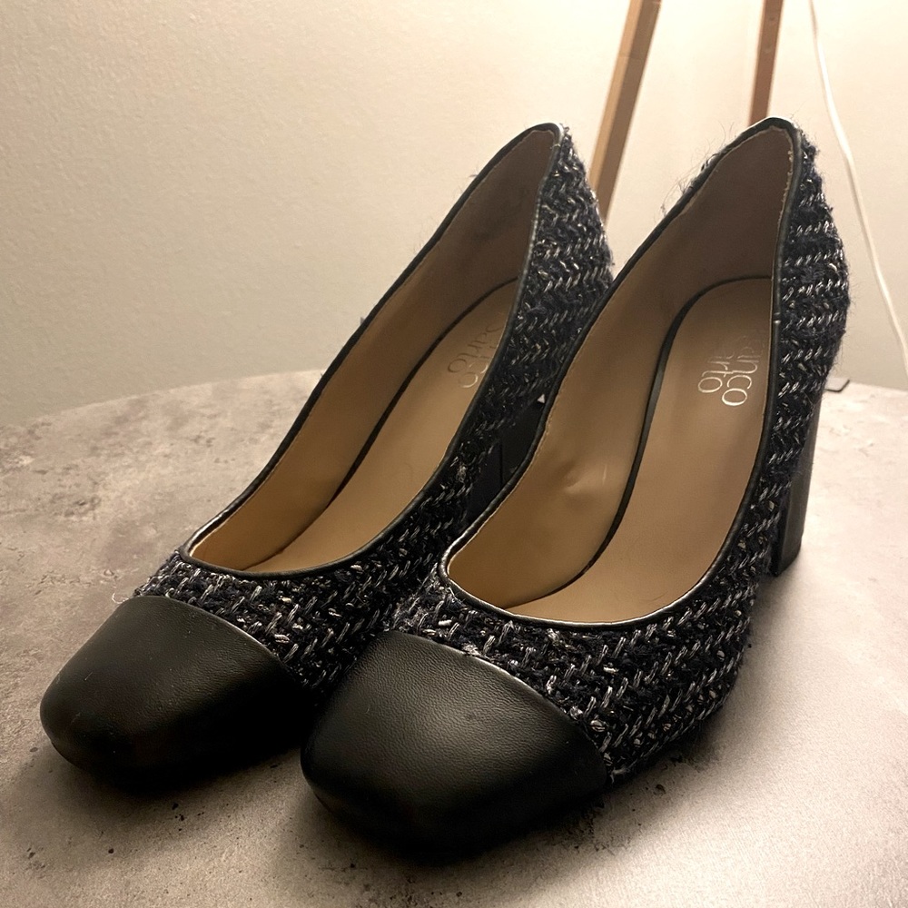 Franco Sarto Tweed Knit Square Toe Leather Pump